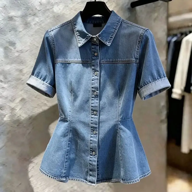 French Simple Gentle Wind Versatile 2026 Summer New Blue Lapel Single-Breasted Denim Short-Sleeved Coats Women's Clothing