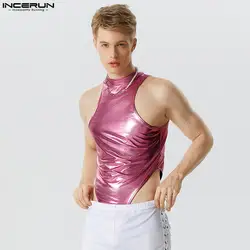 Fashion Men Bodysuits Sparkling Solid Color Turtleneck Sleeveless Rompers Men Tank Tops 2023 Fitness Sexy Bodysuit S-5XL INCERUN