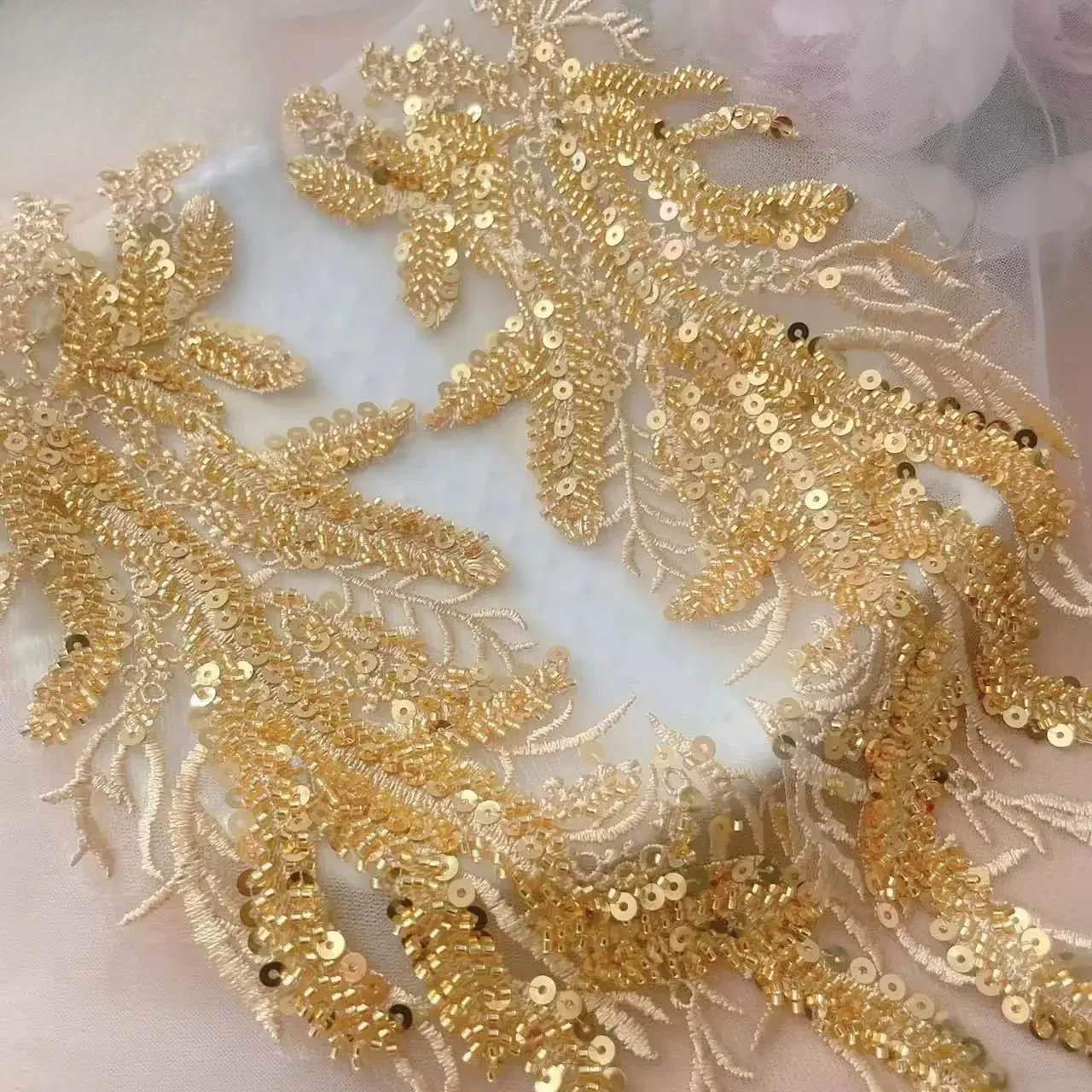 Beaded Sequins 3D Decals Mirror Flower Lace Fabric Evening Dress Front Chest Back Applique Patch Decoration.Sewing DIY Dress