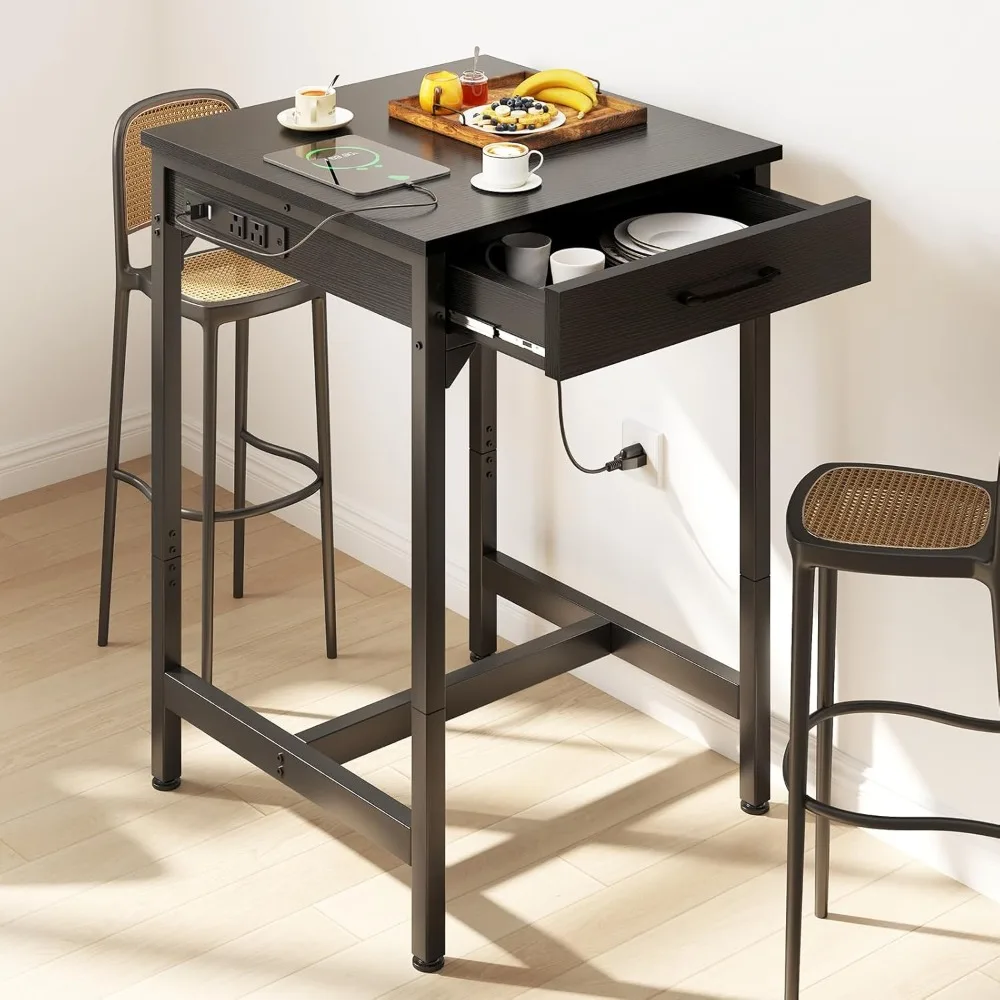 طاولة بار مقاس 24 × 24 بوصة مع منافذ طاقة وتخزين، طاولة حانة حديثة بارتفاع العداد مع أرجل قوية للمطبخ وتناول الطعام، عالية