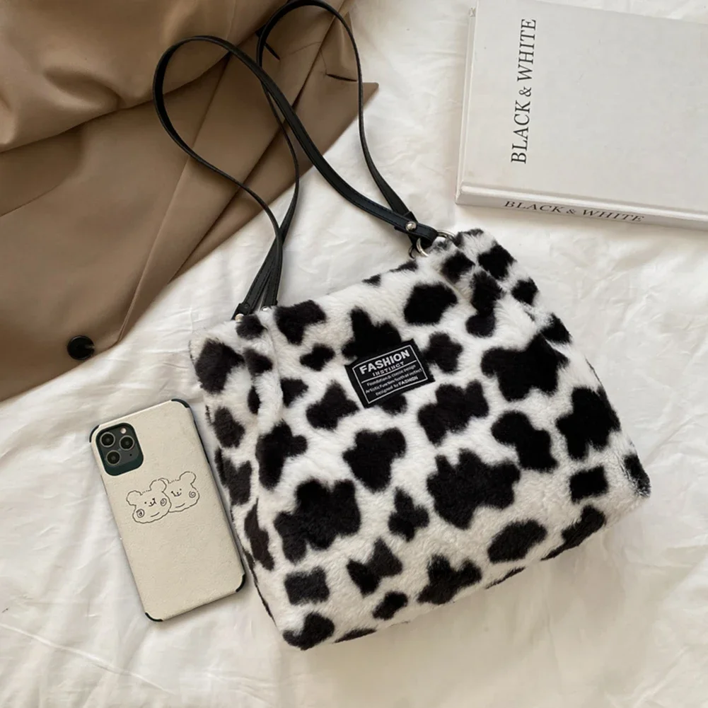 Women Faux Fur Handbag Soft Furry Shoulder Bag Zebra/Cow Pattern Fluffy Satchel Bag Cute Tote Handbag Girl Stylish Purse