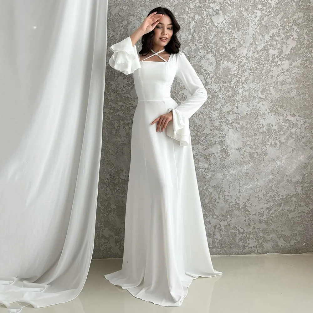 

Classic Elegant Wedding Dress Cross Halter Collar Long Sleeves Dubai Arabic Satin Bride Dress Custom Bridal Gown Customized