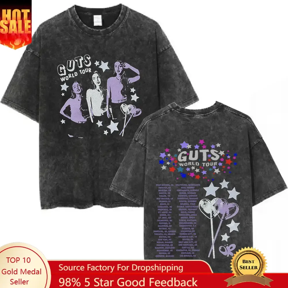

Guts 2024 World Tour Sour Vampire Vintage Washed T Shirts Men Women Women Fashion Casual T-shirts Cotton Loose T-shirt Fans Gift