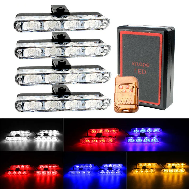 4 In 1 Red Blue Emergency Strobe Lights Police Strobe Lights 12V Wireless Remote Control Flash Grille Light for Cars Truck Van