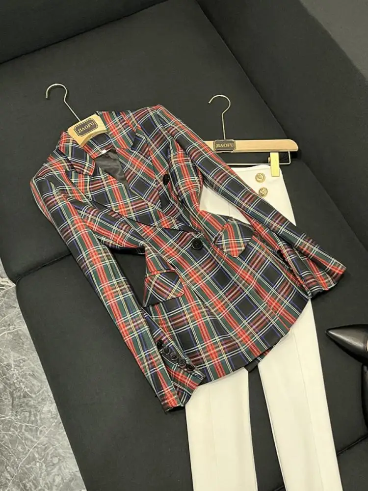 

Осень-зима Briti Sle Plaid oulder Cotton Gun Cheered Waist Inward Suit Jaet Elegance Long Sve Double Breasted