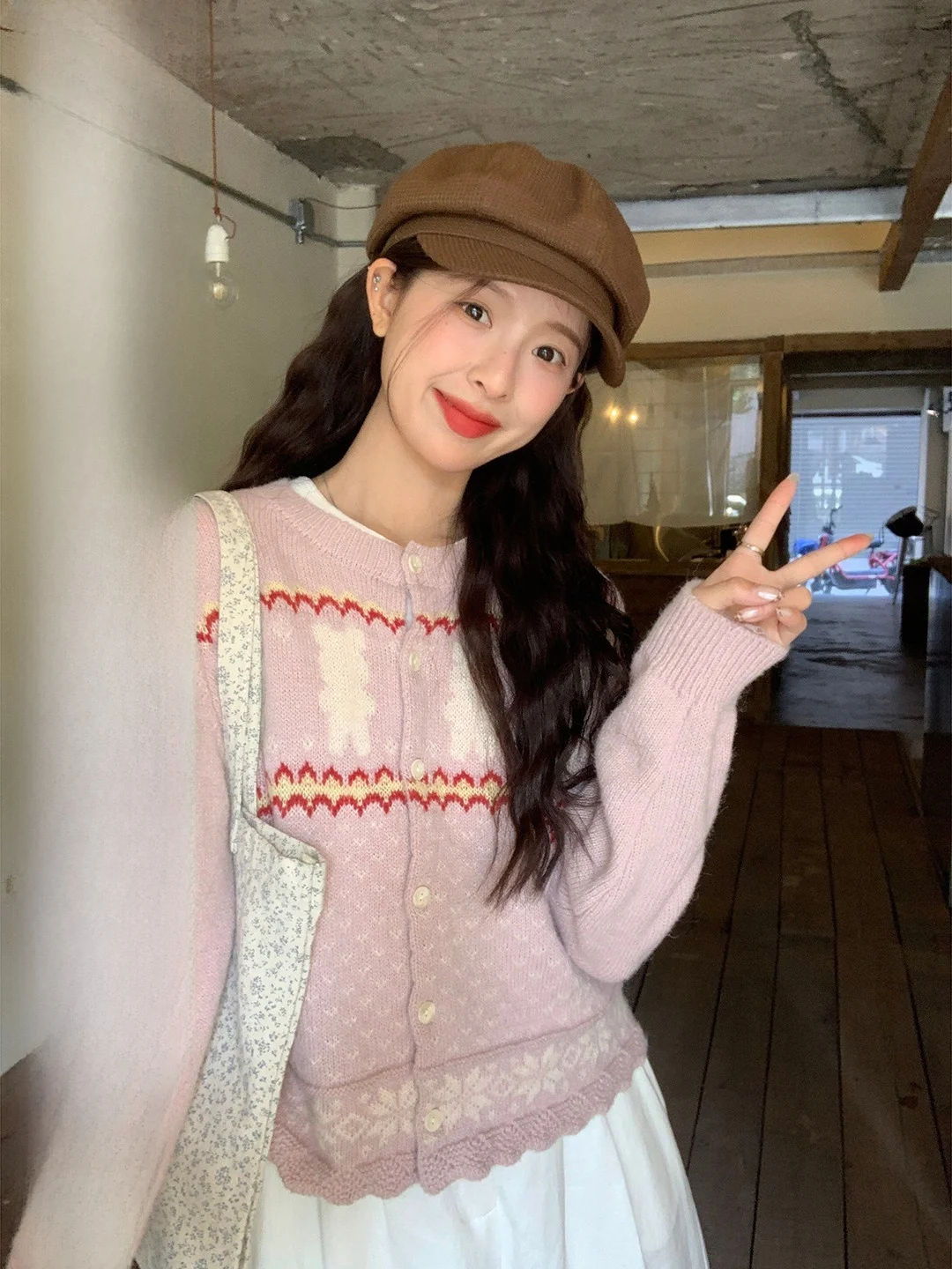 

Sweet Retro Color Block Knitwear Cardigan Women's Fashionable Versatile Casual Top Breathable Soft Long Sleeve round Neck Spring
