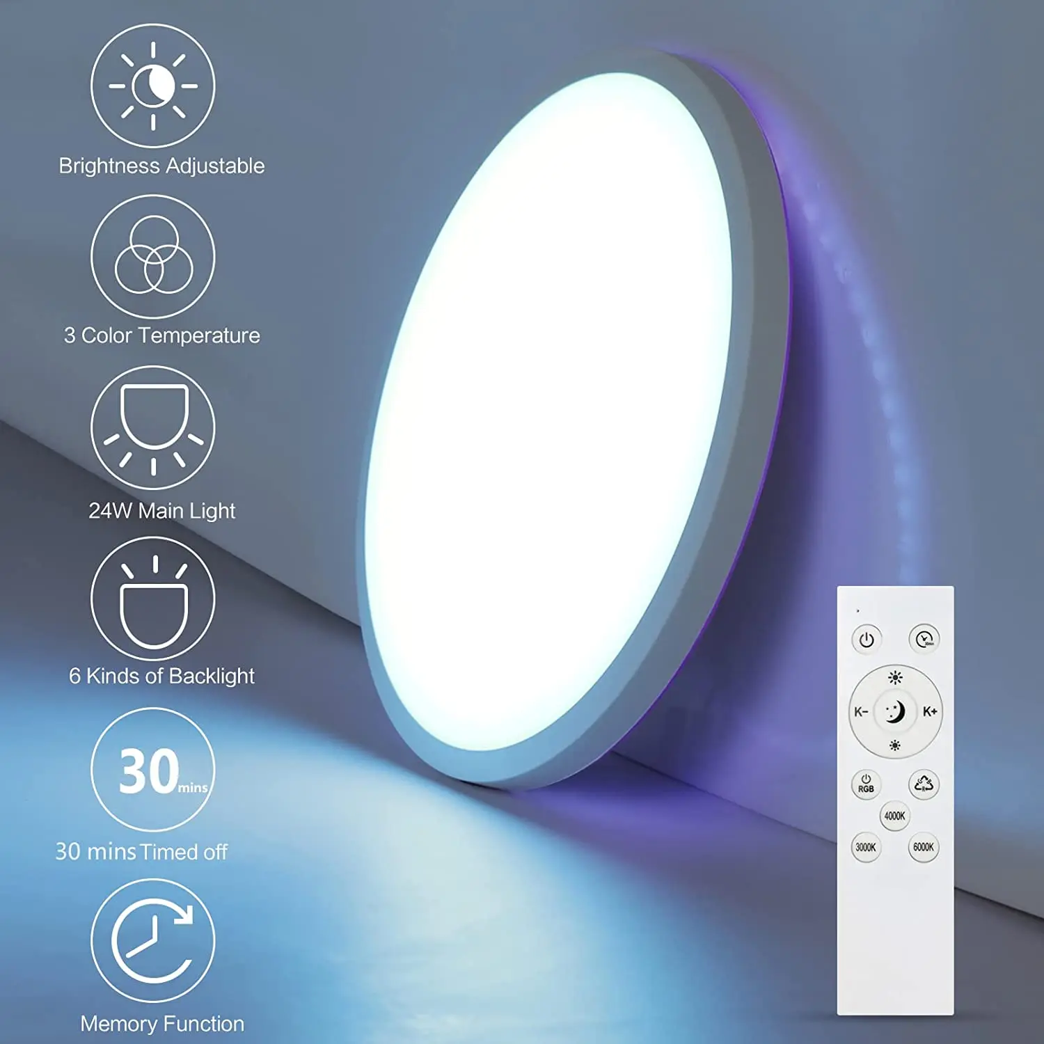 Dimmable RGB Ceiling Lamps, 24 W LED Ceiling Lamp with Remote Control, 6 Colours Backlit, IP44 Ceiling Lamp Bedroom