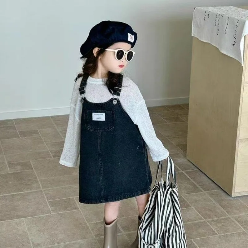 

Children Clothing Girls Denim Dress Spring New Fashion Casual Large Pocket Strap Casual Simple Solid Color Girls Dress