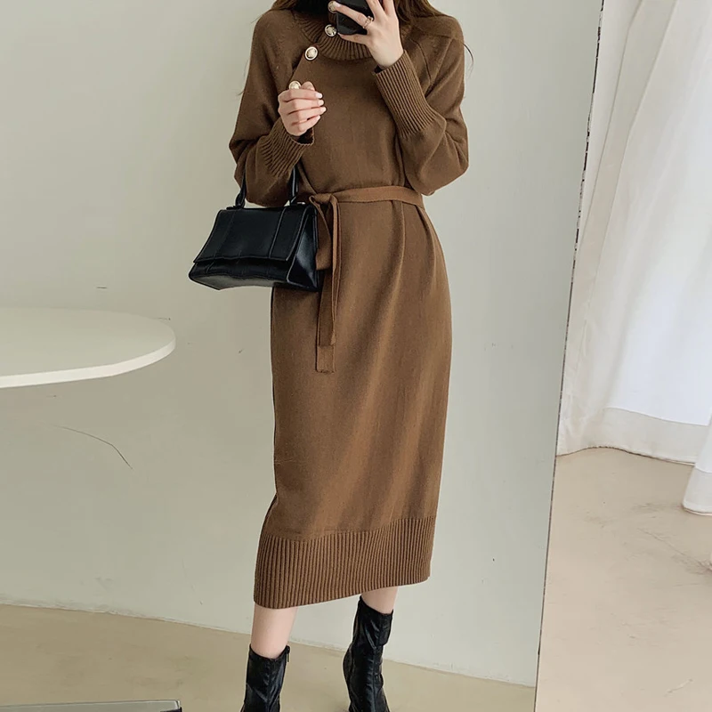 Coffee Chic Woolen Dress Women Turtleneck 2023 Winter Golden Button Long Sweater Dresses Autumn Lace-up Soft Knitwear Korean