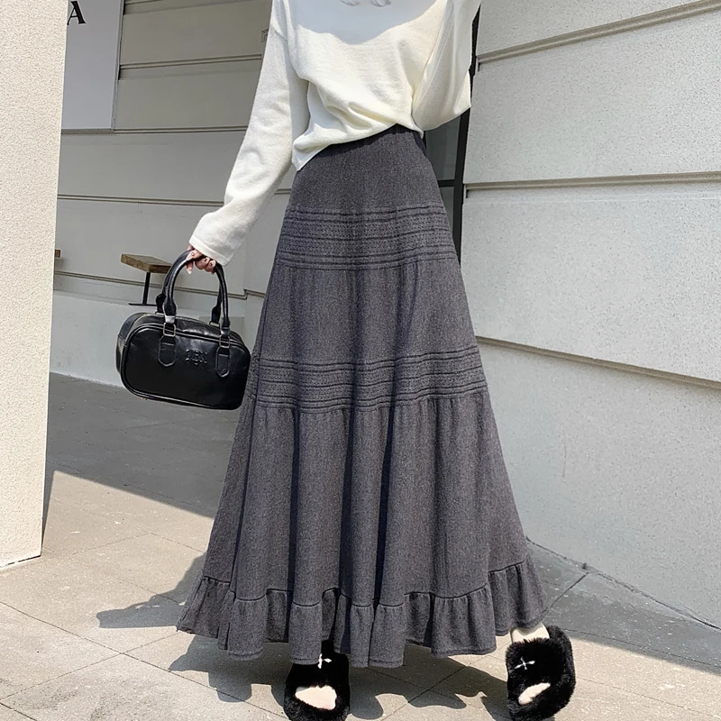 2026 Herfst Winter Kant Splitsen Gebreide Halve Rok Vrouwen Hoge Taille Afslanken Garen Taart Rok Brede A-lijn Casual rok