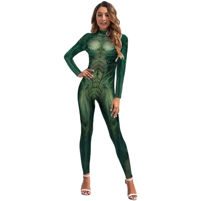 Green Body Snake Costume Suit Animal Cosplay Catsuit Holiday Festival Party Macacão Manga Longa Zentai Bodysuit com Zip Traseiro