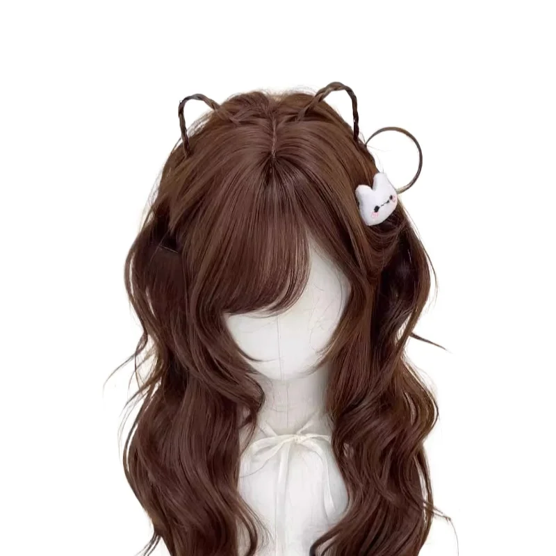 Bitlamb natural longo senhoras de fibra sintética cabelo chocolate cor marrom grande ondulado perucas cosplay para uso diário festa peruca completa