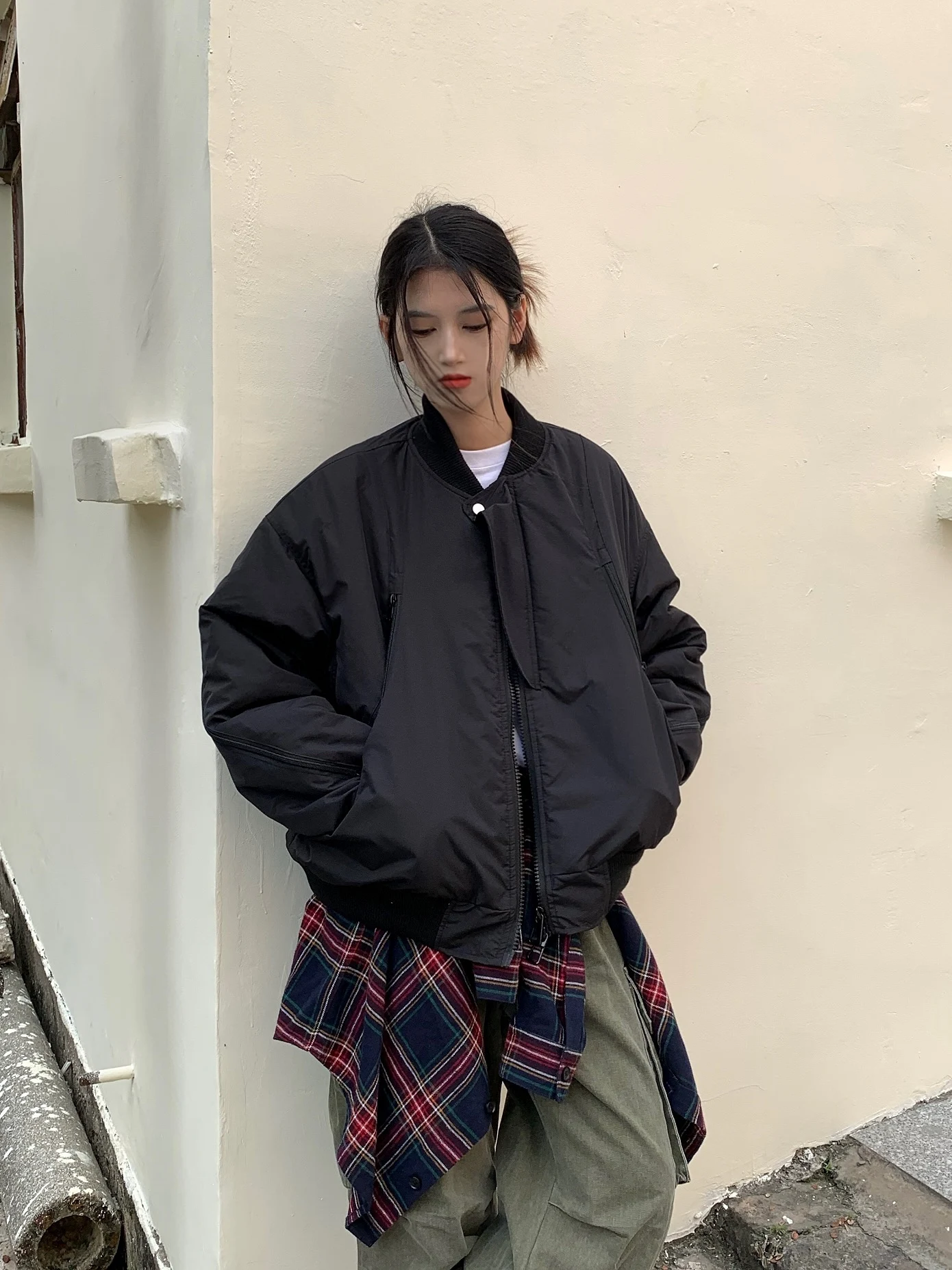 

LIFEASAM American Retro Zipper Thiened Pilot Jaet ex Casual Versatile Baseball Sle Cotton Clothes Trendy Women's Coat