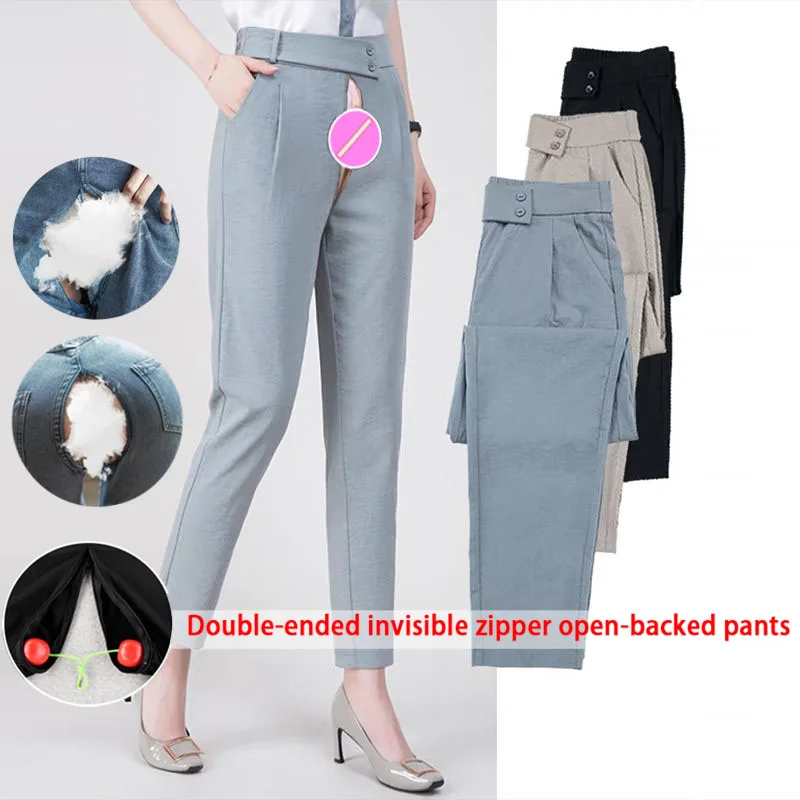 

Ice Silk Slub Pants Women Summer Thin 2022 Hot Sell Invisible Open Crotch Convenient Pant Women Loose Cropped Pants High Waist