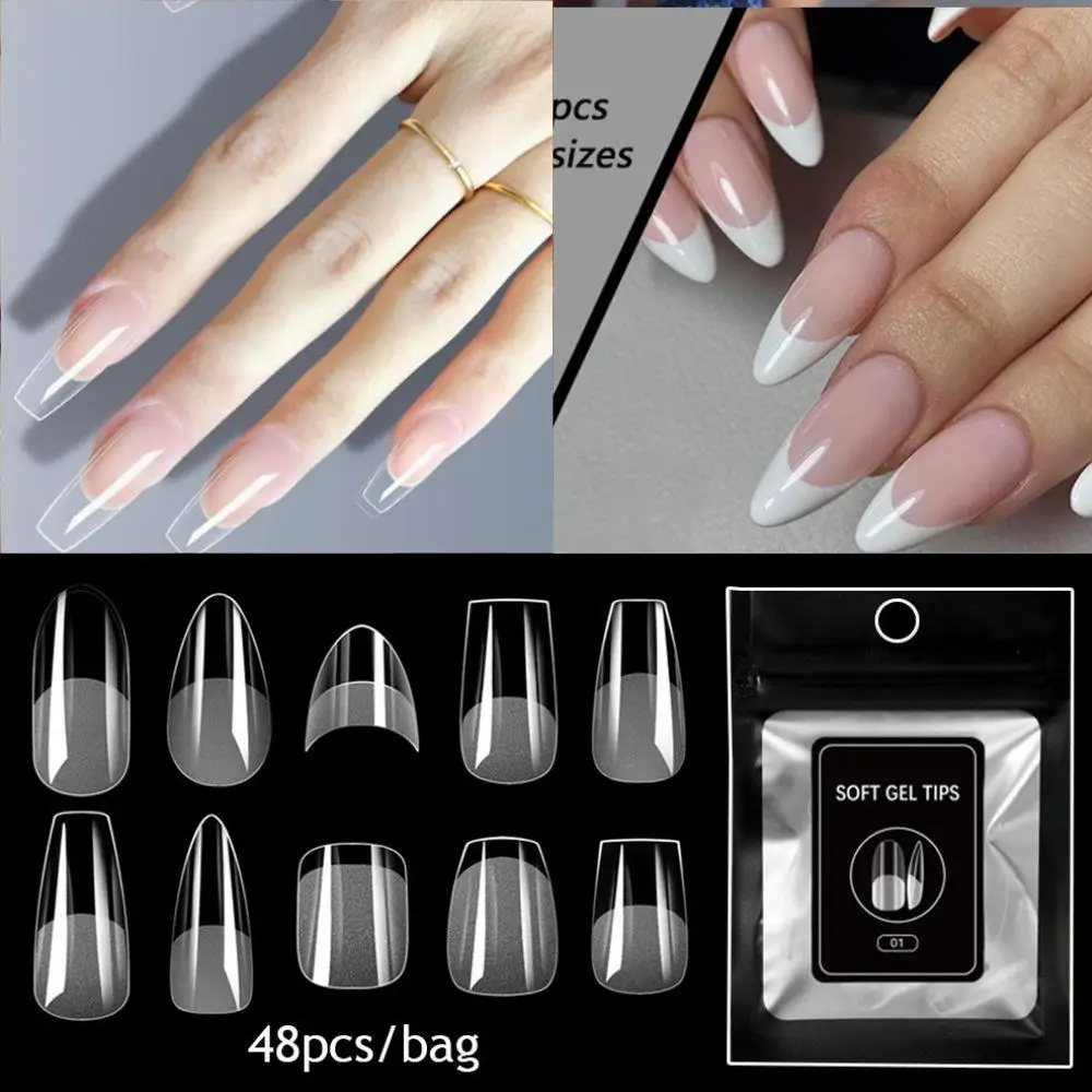 

48Pcs Clear Coffin Nail Tip Extend Fake Nail Acrylic Nail Salons Seamless Transparent False Nail Sticker Extensions Almond Nails