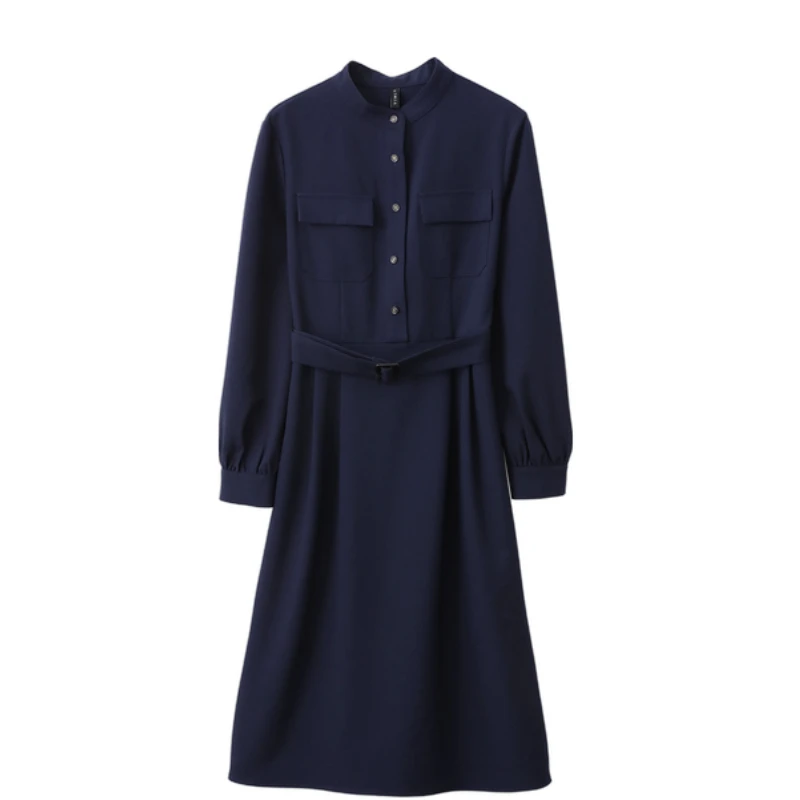 Vimly Elegant Belt Long Sleeve Shirt Dresses for Women 2023 Autumn Fashion Vintage Stand Collar Button Down Dress Clothing V8085