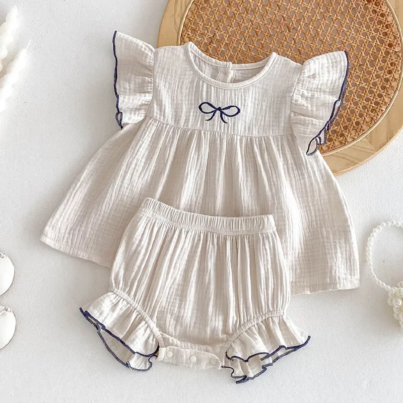 2025 New Summer Infant Baby Girl Clothes Suit Flying Sleeve Cotton Embroidered T-shirt+PP Shorts 0-3Yrs Children Clothes Set