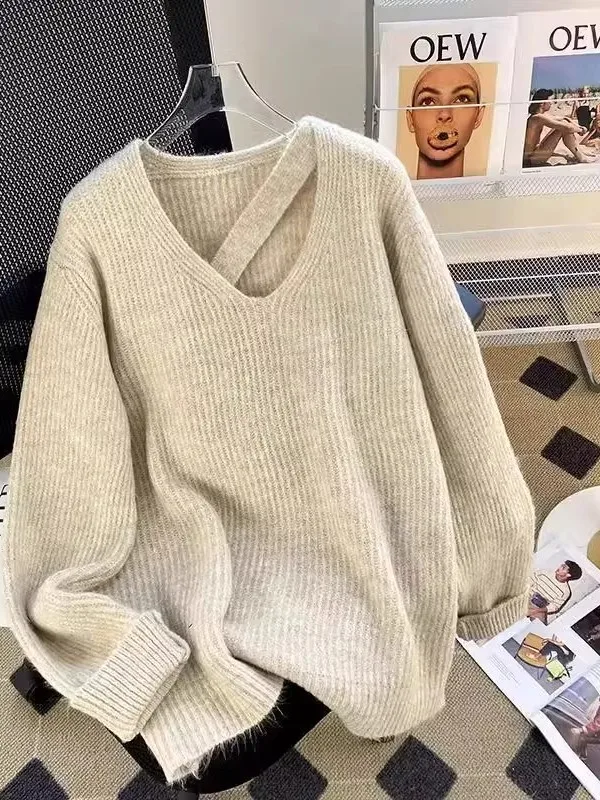 

Женский вязаный свитер больших размеров с V-образным вырезом и ажурными элементами, осенний дизайн, повседневный, модный, удобный, дышащий трикотаж