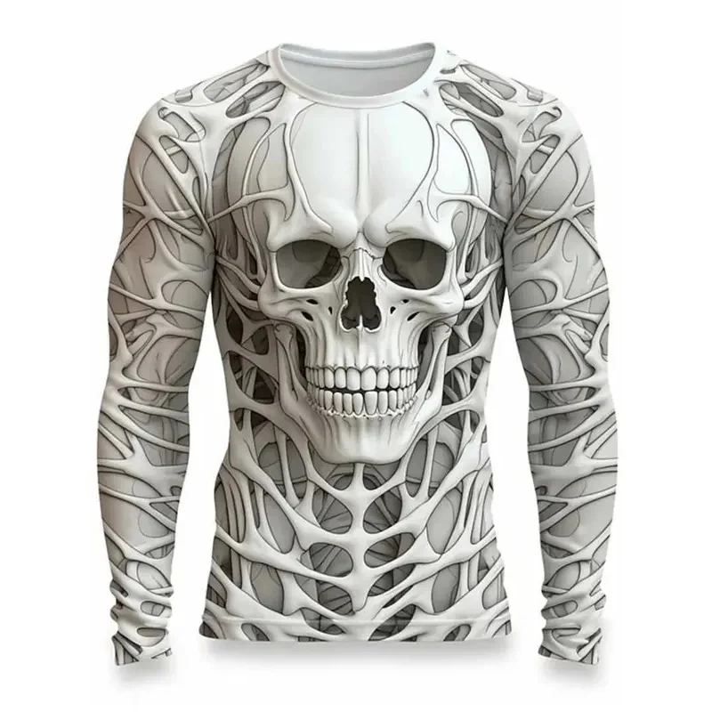 Men's 3D Full Body Skeleton Print Long Sleeve T-Shirt Gothic Human Bone Skull Graphic Crew Neck Top Halloween Horror Punk Casual
