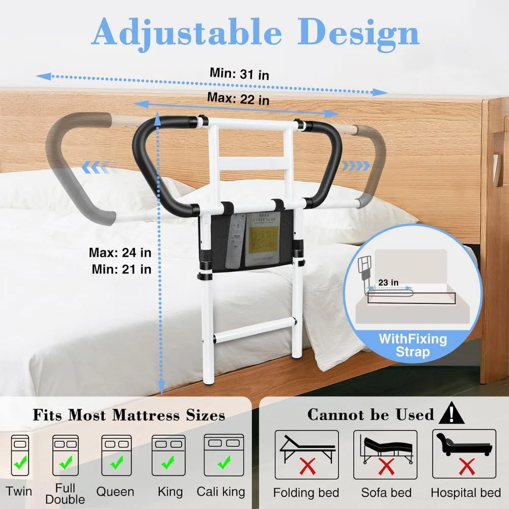 Adjustable Bed Rails for Elderly Safety with Storage Pockets, Non-Slip Handles, Motion Sensor Light, 400LB Capacity