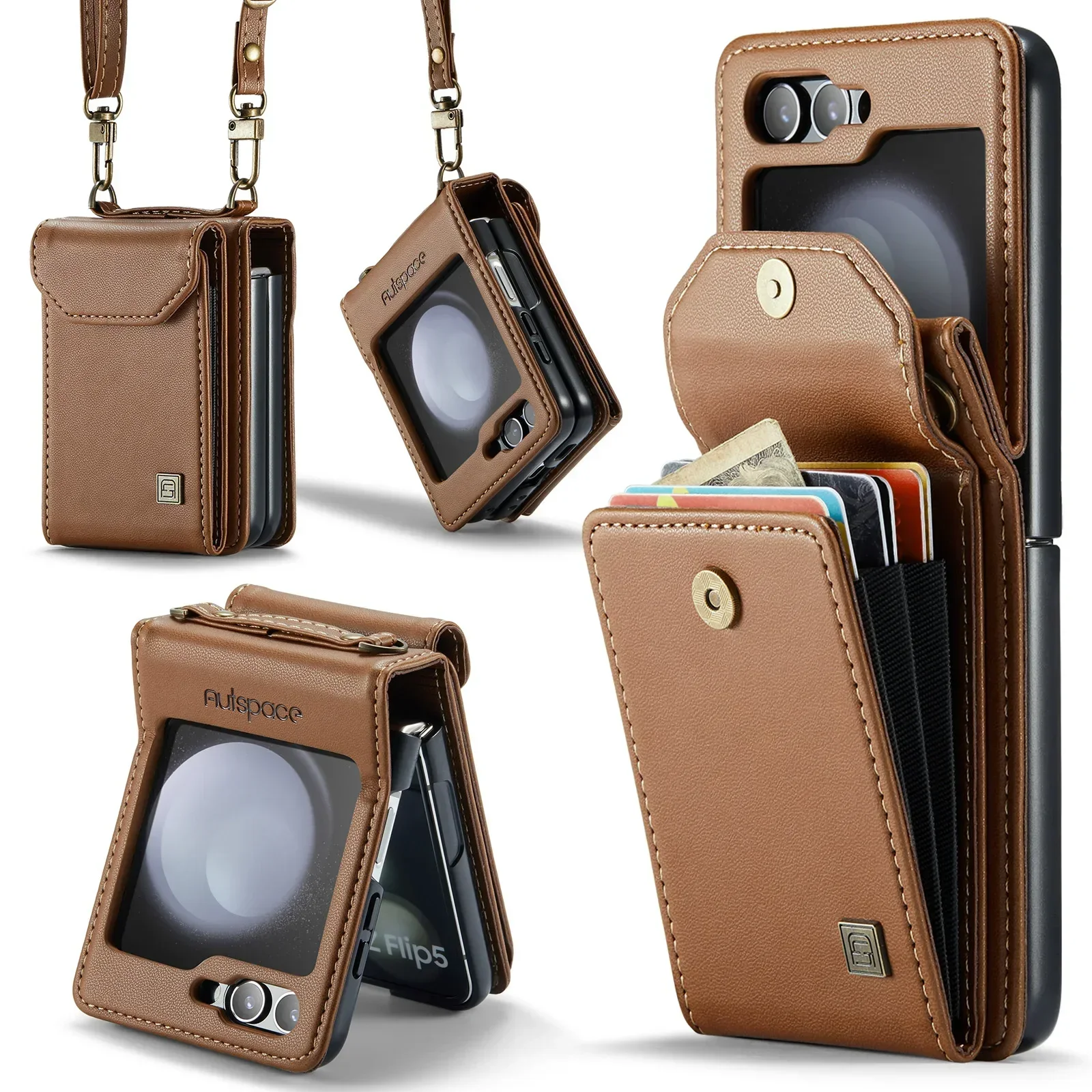 

Cards Solt Wallet Crossbody Lanyard Leather Case For Samsung Galaxy Z Flip 6 5 Flip5 Flip6 Purse Pocket Shoulder Strap Bag Cover