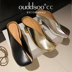 Ods Gold Silver Splicing Women Cow Leather Pumps Skeleton Toe Round Thick Heels Metallic Colours Slip On Slippers Casual Mules40