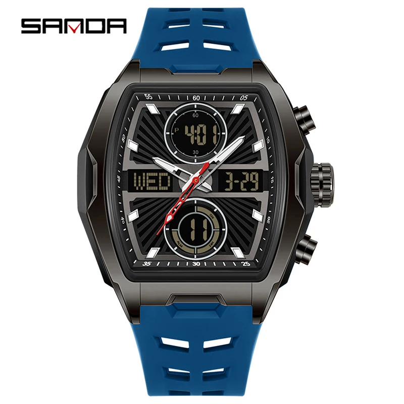 

SANDA 6299 электронные кварцевые часы для мужчин, модный Tonneau-образный циферблат, светящиеся водонепроницаемые противоударные спортивные мужские цифровые часы