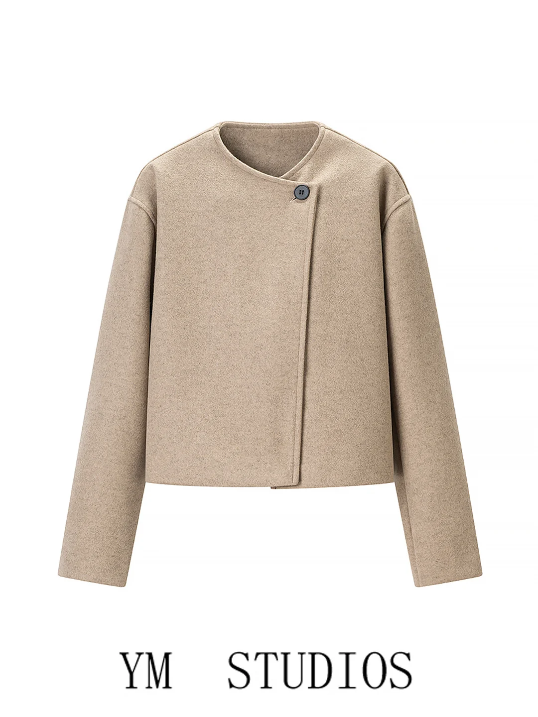 Casual Chic Short Woolen Coat round Neck One Button Female Outerwear Simple Style Polyester Fiber Long Sleeve Spring Autumn
