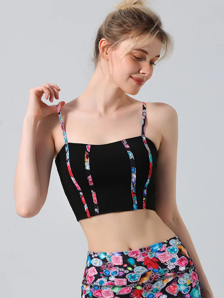 Fashion Young Women Yoga Colored Thread Splicing With Chest Pad Tank Top Breathable SoftCrop Tops Sports Workout Fitness  Vest