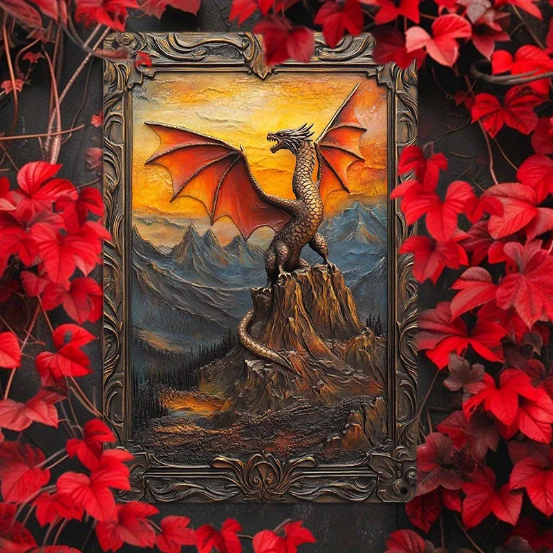 

Room Decor 1pc Fantasy Dragon Metal Wall Art, 8x12inch Aluminum Tin Sign, 2D Mountain and Sea Design, Home and Garden Decor
