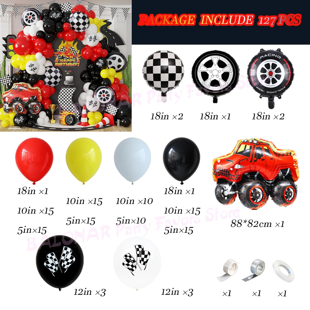 

Hot Wheels Birthday Decorations 127Pcs Red Black Race Car Balloons Arch Kit Truck Foil Ball Racing Two Fast Baby Shower Supplies