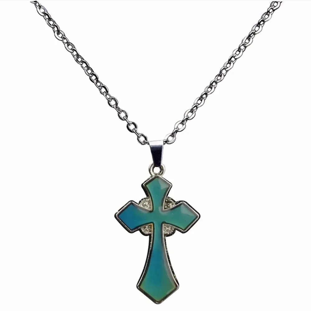 Mood Necklace Vintage Temperature Control Color Change Cross Pendant Necklaces Stainless Steel Chain Necklace Women