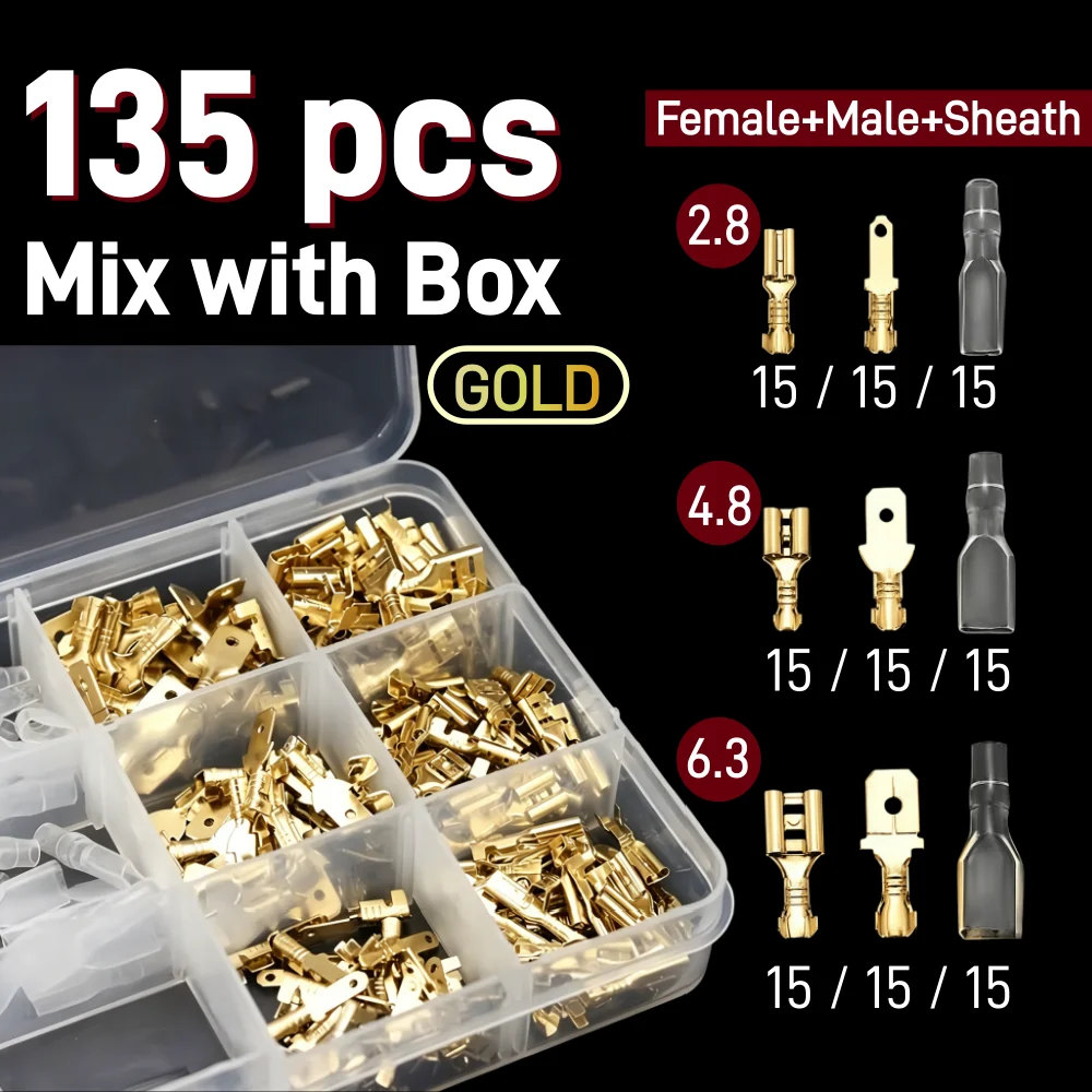 120/135/270/360/450pcs 2.8/4.8/6.3mm Quick Splicing Male and Female Wire Shovel Connector Crimping Wiring for Car Audio Speakers