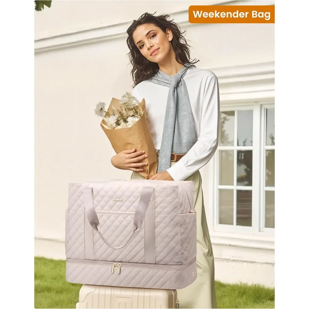 حقيبة نسائية كبيرة لقضاء عطلة نهاية الأسبوع سعة 45 لترًا مع حذاء وجيب مبلل، منتج شخصي مبطن للسفر