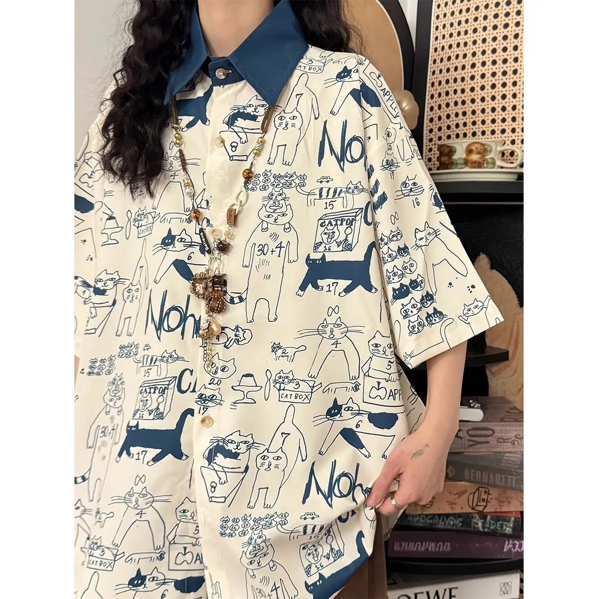 Summer New Arrival Hong Kong Style Retro Cartoon Design Print Sensation Niche Short Sleeve Shirt Top Loose Blouse