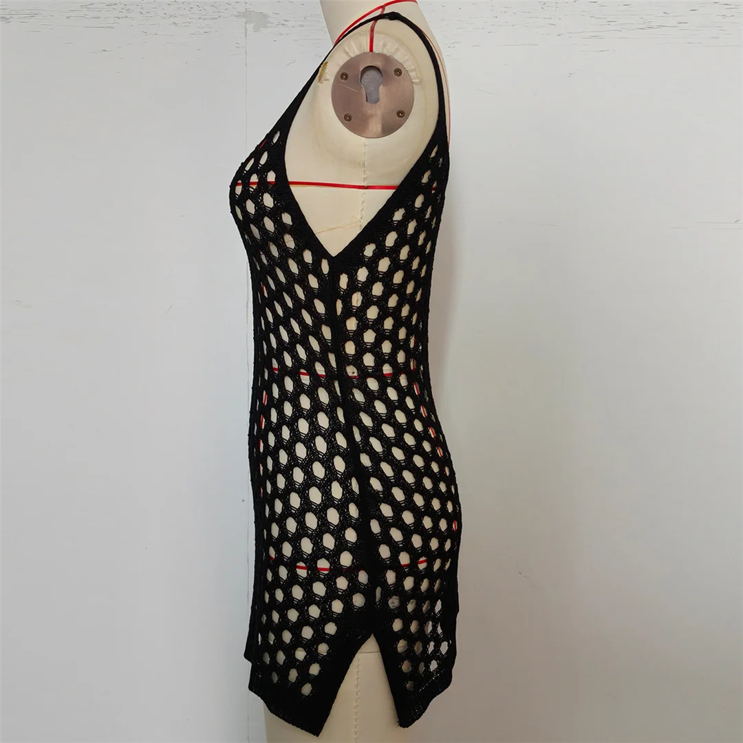 Ausgehöhlte, ärmellose, einfarbige, gehäkelte, gestrickte Tunika, Strand-Überwurf, Strandkleid, Strandmode, Damen V8246 – Detail 14