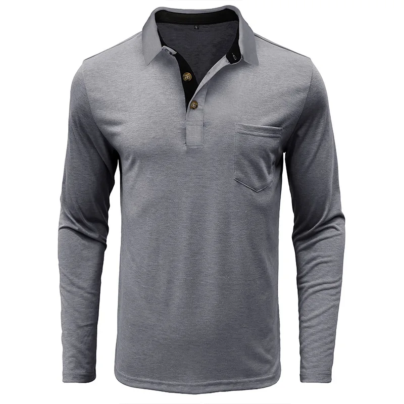 Frühling Trend männer Langarm Casual T-shirt Solide Revers Button Up Pullover Tops Herbst Drehen Unten Kragen Bodenbildung Polo-Shirt – Detail 9