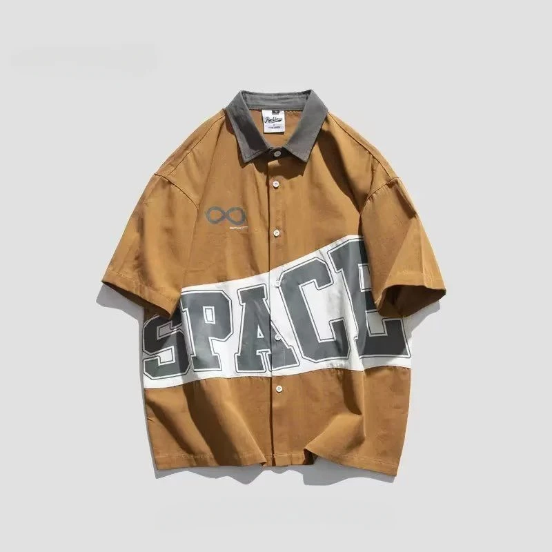 Summer American fashion brand Japanese retro color matching casual short-sleeved shirt loose men work wear hip-hop shirt fashion