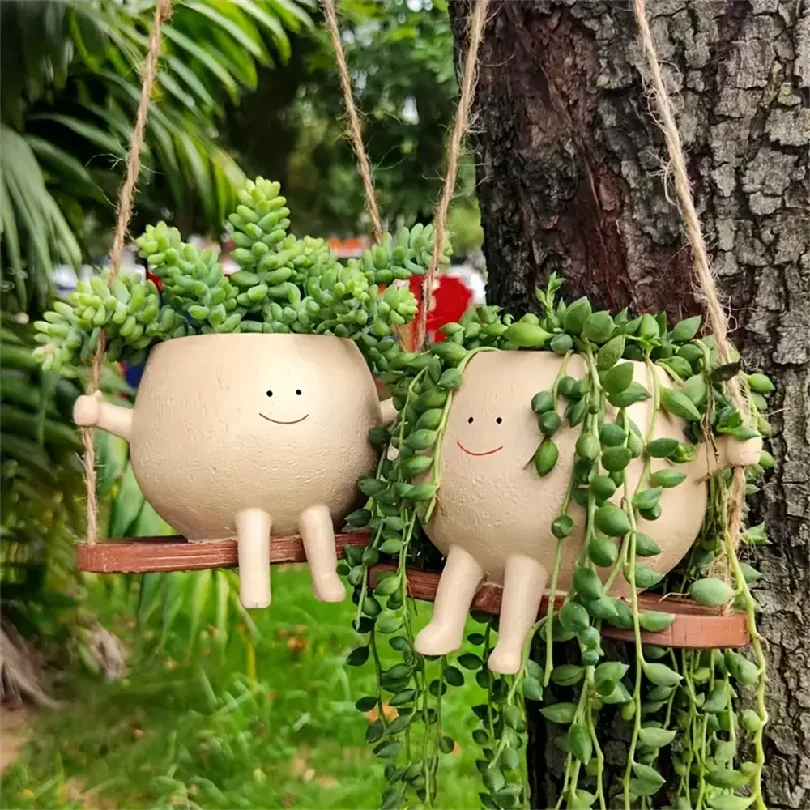 Hanging Swing Face Planter Resin Flower Head Pot for Indoor Outdoor Succulents Perfect for String of Pearls & Ideal Gift