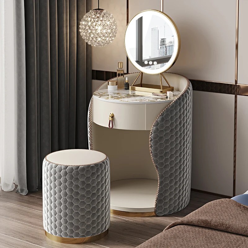 Makeup Round Vanity Desk with LED Lighted Mirror Modern Corner Makeup Table Open Shelves Dressing for Bedroom Home Furniture