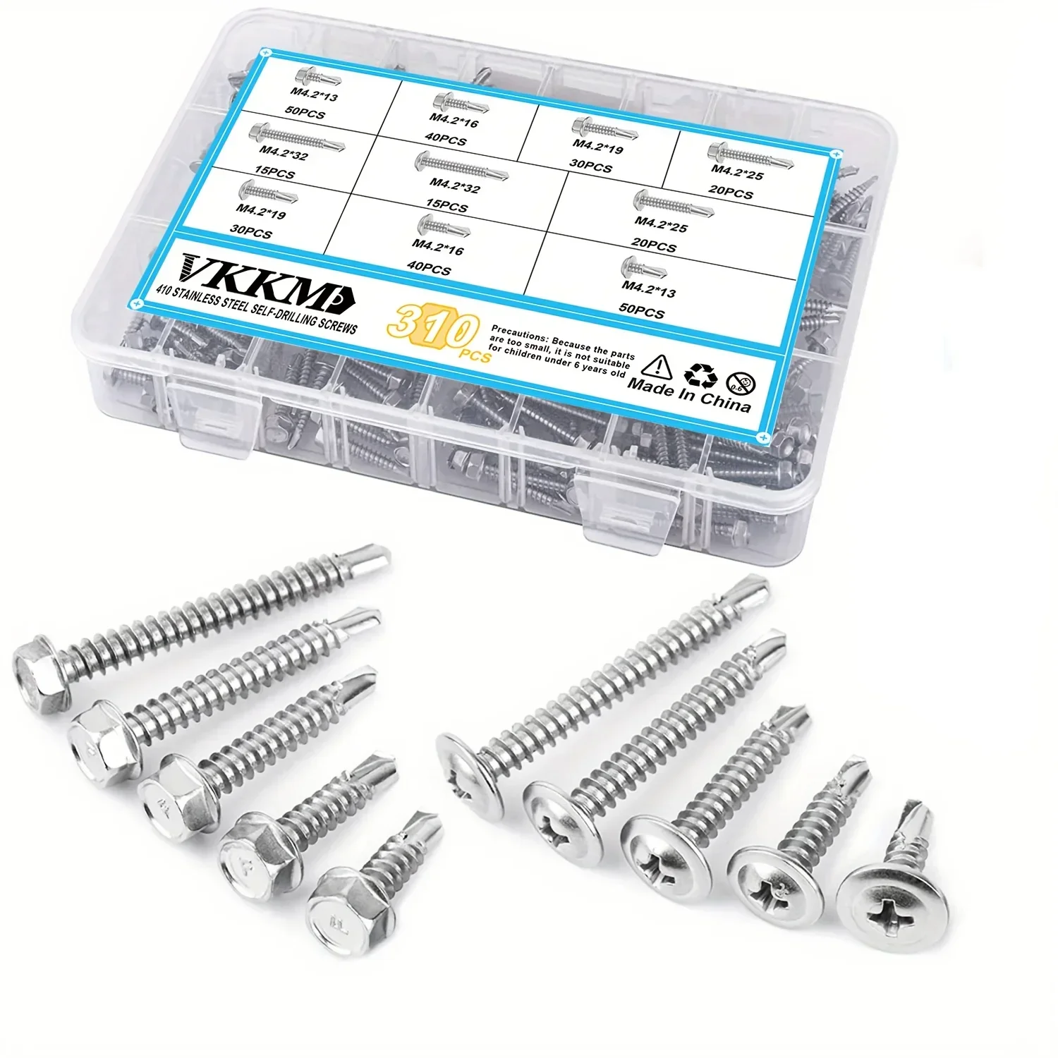 

VKKM 310-Piece 410 Stainless Steel Self-Drilling Screw Set, with Multiple Specifications Suitable for DIY/Home Decoration