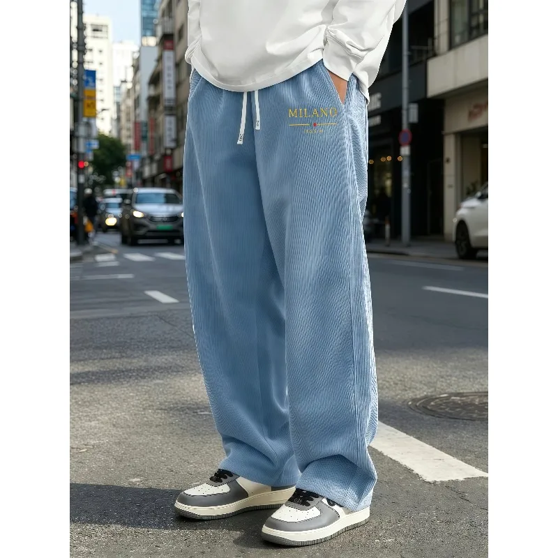 

Men's standing corduroy wide leg pants with elastic drawstring, loose straight leg pants, MILANO letter print, choose from S-4XL