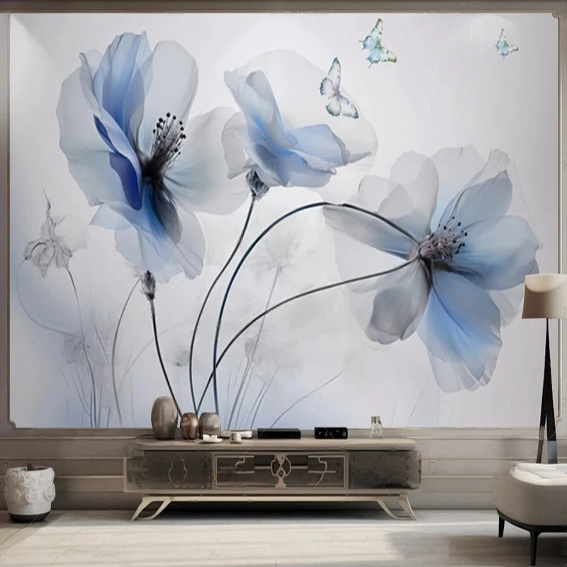 

Custom Printed Wall Mural Wallpaper Hand-Painted Floral Butterfly Design for Living Room TV Background Wall Home Decor