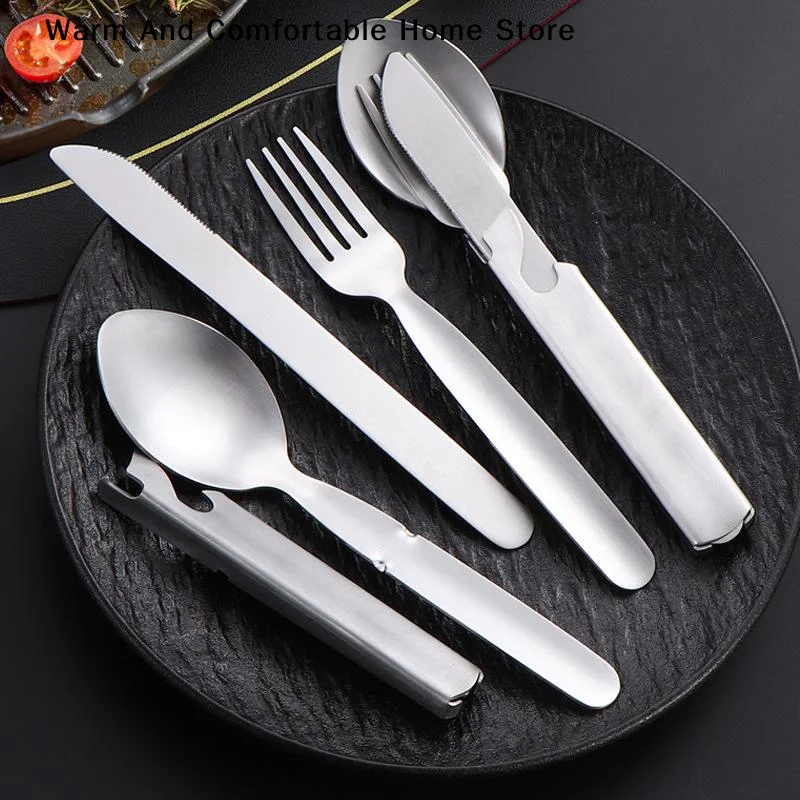 【W】4Pcs/Set Portable Stainless Steel Outdoor Camping Knife Fork Spoon Combo Cutlery Set Dinnerware Camping Cooking Flatware