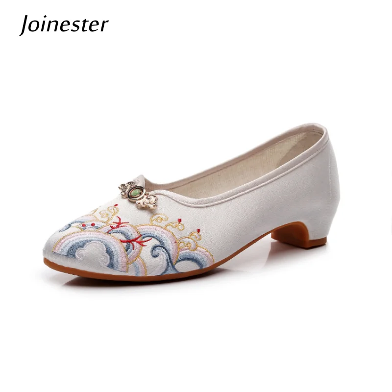 Women's Pointed Toe mid Heel Embroidered Dress Shoes Slip-On Breathable Retro Elegant Loafers for Spring Summer