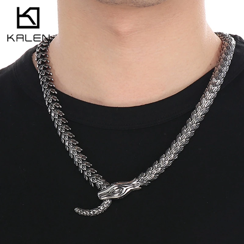 Kalen Vintage Stainless Steel Snake Chain Necklace for Men Punk Rock Dragon Scale Biker Party Jewelry Thick Neck Gifts
