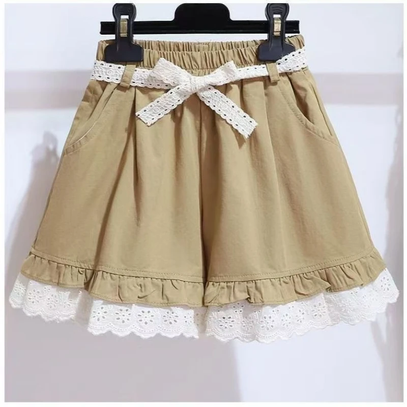 

2026 New Summer Girls Lace Ruffled Shorts Casual Loose Wide Leg Bow Shorts For Kids 5-14Y Fashion Versatile Children Clothing