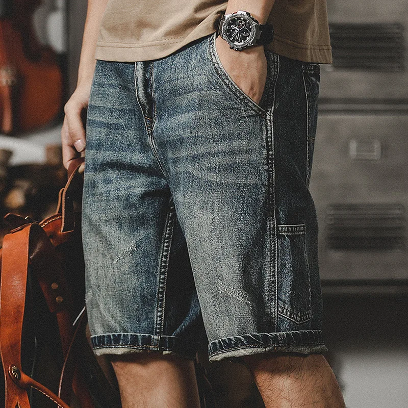 

High Street Style Denim Shorts Men's Loose Straight Leg Vintage Trend five Quarter Pants