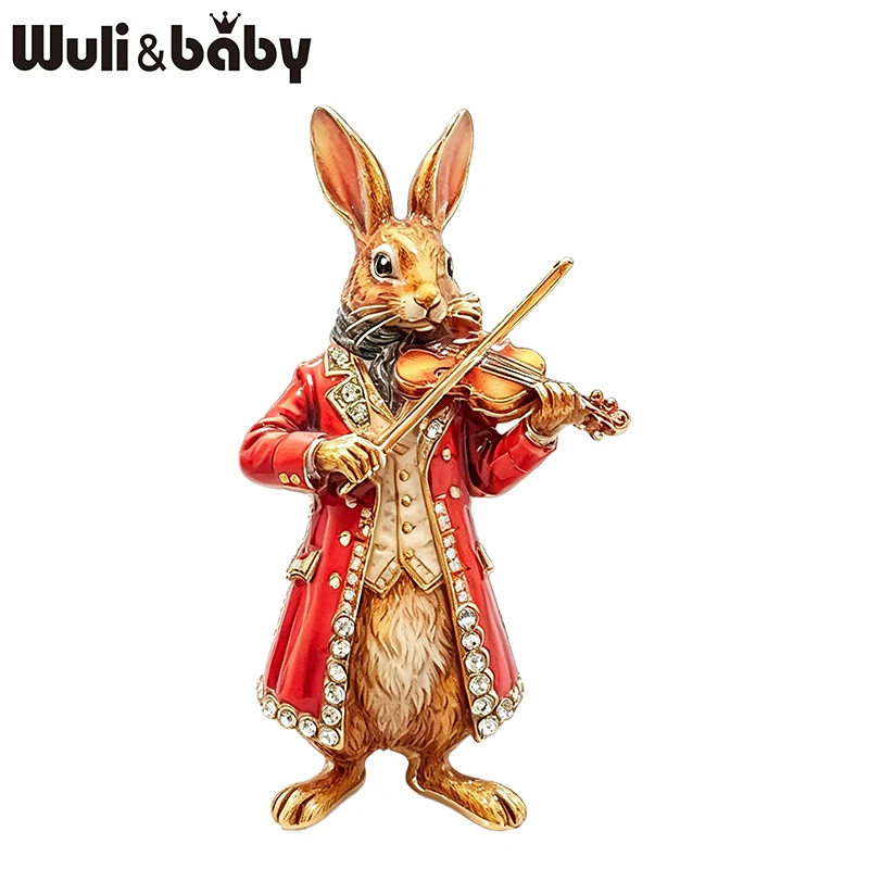 Wuli&baby Playing Violin Rabbit Brooches For Women Men 2-color Rhinestone Artist Bunny Animal Party Casual Brooch Pins Gifts