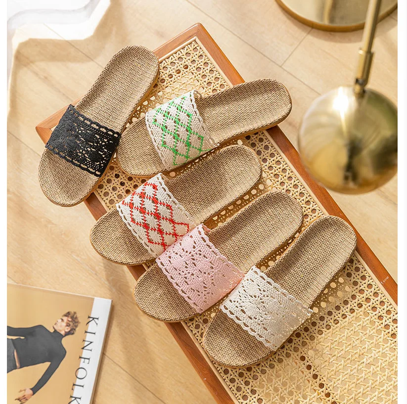 Lace Linen Slippers Women Shoes Home Korean Non-slip Men Slippers Men Shoes Personalized Deodorization